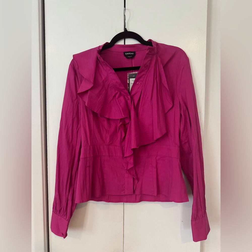 bebe Pink Ruffle Front Blouse